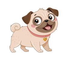 Adorable cartoon pug. Small dog friendly and happy. Simple design, Hand Drawn flat style. Perfect for childrens books, pet products, or animated content. Happy, friendly and affectionate little dog vector