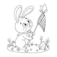 Easter Bunny with a landing net coloring page. Hand drawn line art style. Rabbit or hare catches a butterfly in a meadow with flowers, spring festive animal holiday character coloring book. vector