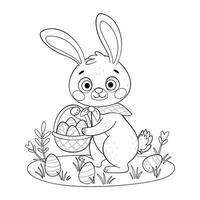 Easter Bunny with a basket coloring page. Hand drawn line art style. Rabbit or hare looking for eggs in a meadow with flowers, spring festive animal holiday character coloring book. vector