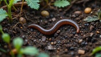 An earthworm crawls on wet ground, surrounded by green plants. A small puddle of water is visible nearby, creating ideal conditions for the life of soil organisms. photo