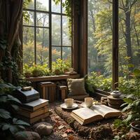 A cozy corner in the woods, surrounded by books, cups of tea, and biscuits. The sunlight filters through the trees, creating a peaceful and harmonious atmosphere. photo
