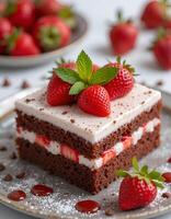 cake, cheesecake with strawberries on white plate with a golden border. Sponge cake layers, cream, strawberry slices, powdered sugar and fresh mint create the perfect dessert. on a white background photo