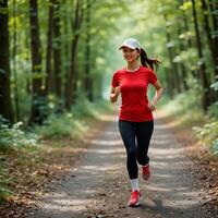 A girl in sports clothes runs along a forest path. The morning light breaks through the trees, creating an atmosphere of calm and energy. photo