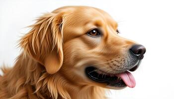Golden retriever head, close up on white background. The dog looks friendly and confident, with a shiny coat and a warm expression on his face, which emphasizes his cute character. photo