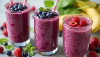 tall glasses with smoothies of different colors, red, brown and green. Each one is decorated with greenery and straws, next to fresh fruits and vegetables, herbs. Everything is on a wooden table, photo