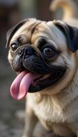 cute pug with lolling tongue that looks funny and friendly. His expressive gaze and playful mood cheer up everyone around him. photo