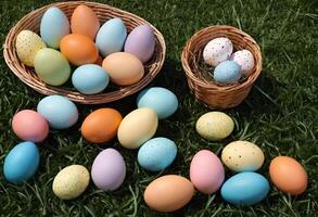 brightly colored eggs in a basket surrounded by green grass and flowers. Perfect for Easter celebrations and creating a spring mood. photo