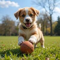 cute puppy playing with a ball on a bright green lawn in the park. He looks happy and energetic, creating an atmosphere of joy and fun in the fresh air. photo