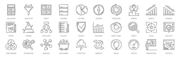 Data analytics and analysis icons, chart diagrams vector