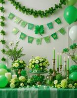 a festive atmosphere dedicated to St. Patrick's Day. The table is decorated with green balls, a garland with shamrocks, white flowers in vases , candles in candelabra.green color, a symbol of Ireland, photo