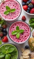 tall glasses with smoothies of different colors, red, brown and green. Each one is decorated with greenery and straws, next to fresh fruits and vegetables, herbs. Everything is on a wooden table photo