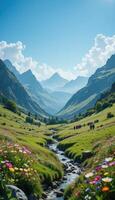 A group of people hiking in a picturesque mountain valley with green grasses and wild flowers. Snow-capped peaks can be seen in the distance under a clear blue sky, creating an atmosphere of harmony photo