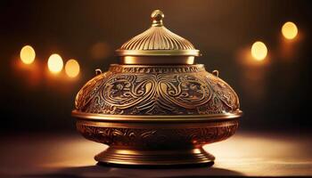 An ornate golden urn on a table photo