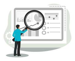 Businessmen use magnifying glass to analyze graph data. vector