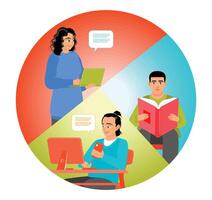 Office worker using a computer, looking at laptop, reading book. Working online vector