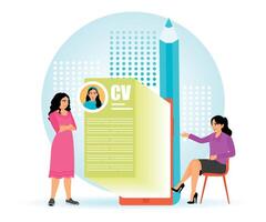 Job interview process with CV and communication between recruiter and candidate vector