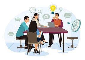 Group of employees discussing idea at table. vector