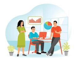 Team Discussion in a Modern Office with Data Visualization Charts Displayed vector