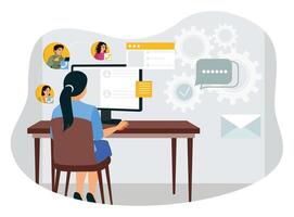 Female support service operator talking to customer and replying to messages on computer. vector