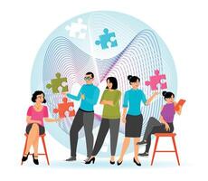 Workers are having a meeting in the office. collective thinking and brainstorming. vector