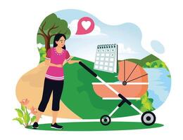 A happy mother takes her baby for a walk in the park using a stroller. vector