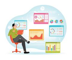 Businessman Analyzing Charts and Data Graphs in a Futuristic Digital Interface vector