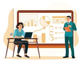 A manager and employee discuss business plans and analyze marketing data. vector