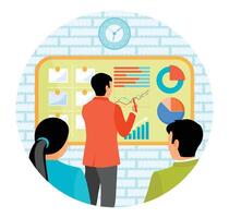 Team Analyzing Business Data in a Meeting Room With Charts and Graphs vector