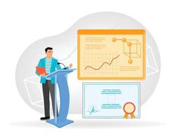 Modern Technology in Education. Student Uses Digital Podium in Virtual Classroom. vector