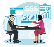 Two entrepreneurs analyze business plans using statistical data. vector
