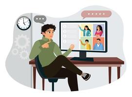 Workers use computers for virtual meetings and conferences with colleagues. vector