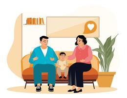 Happy family sitting with child on sofa. vector