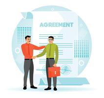 Two business professionals shaking hands in front of an agreement document vector