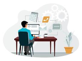 Professional virtual assistant sitting at desk and working with computer. vector