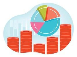 Colorful pie chart with stacked coins representing financial growth vector