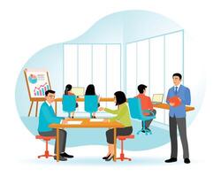 Modern Office Workspace with Colleagues Collaborating and Brainstorming Ideas vector