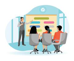 Business meeting. leader standing in front of whiteboard explaining company performance. vector