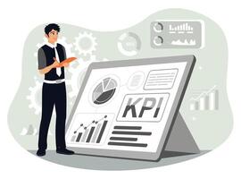Businessman using digital screen to analyze key performance indicators with graphs and charts. vector