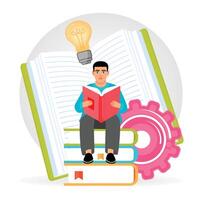 Young Man Reading a Book Surrounded by Learning Symbols. vector