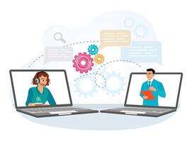 Two businessmen using laptop computers holding an online meeting. vector