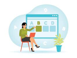 Person Passing Online Test on Laptop. Ticking Right Answer in Online Distant Test. vector