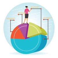 Businesswoman Standing on 3D Pie Chart with Connected Data Elements vector