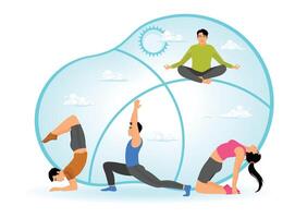 Group yoga poses in serene environment with abstract design, Healthy lifestyle concept vector