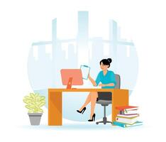Woman works at computer desk. Worker working at workplace using technology. vector
