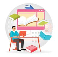 Man Using Computer for E-Learning With Books and Study Materials. vector