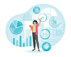 Businesswoman analyzing modern data visualizations with interactive charts and graphics vector