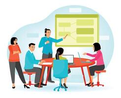 employees at brainstorm, work discussion. teamwork, collaboration. vector