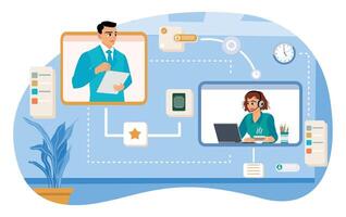 Managers assign tasks and feedback on projects to employees online. vector