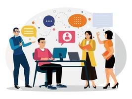 Group of business people discussing with computers and and speech bubbles. vector