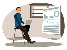 Entrepreneurs working from home and analyzing infographic data. vector
